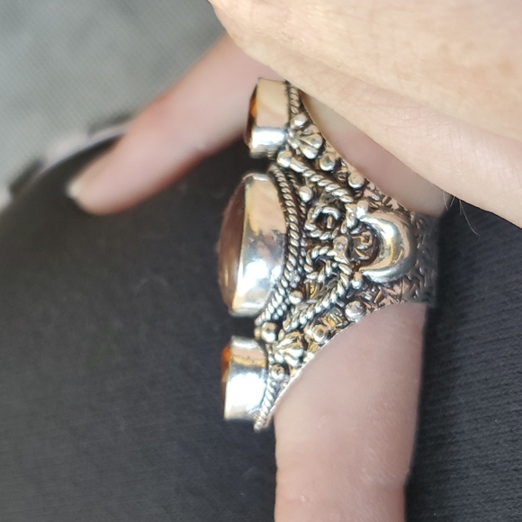 New Bloodstone & Golden Topaz Double Crescent Moon 925 Silver Statement Ring. - Picture 15 of 16
